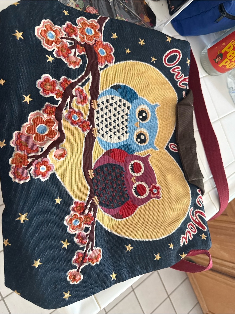 Vintage Owl Tote Bag with Floral Branch Design - Navy, Yellow, Blue, Red